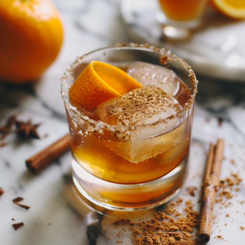 Alcoholic beverage with cinnamon and nutmeg grated on top & an orange peel, in an Old Fashioned cocktail glass