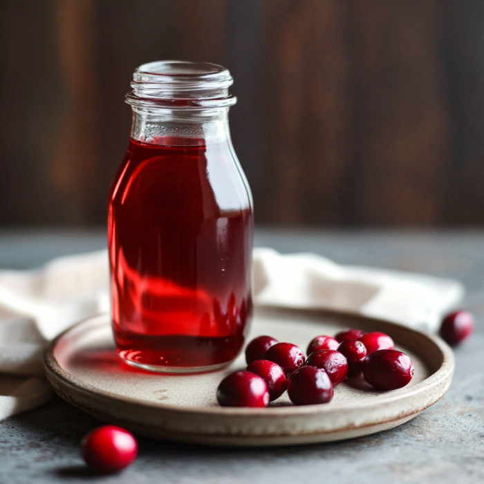 homemade cranberry simple syrup in a jar on a plate with cranberries