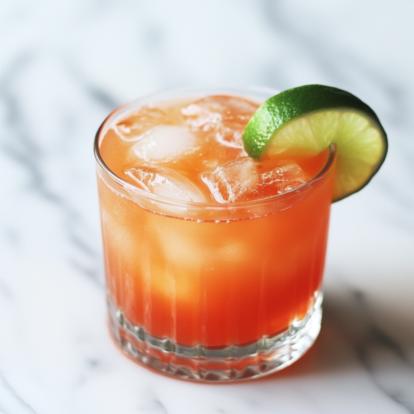 Rum cocktail with a lime wedge in a rocks glass with ice