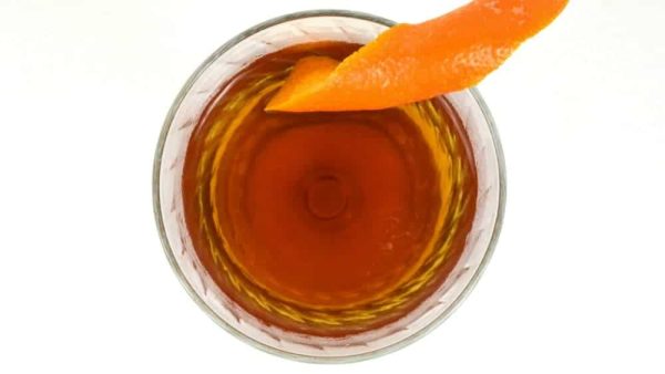 top down view of the Hanky Panky cocktail in a cocktail glass with orange peel