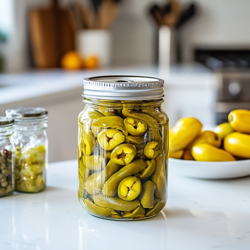 Mason jar of pepperoncinis in a kitchen