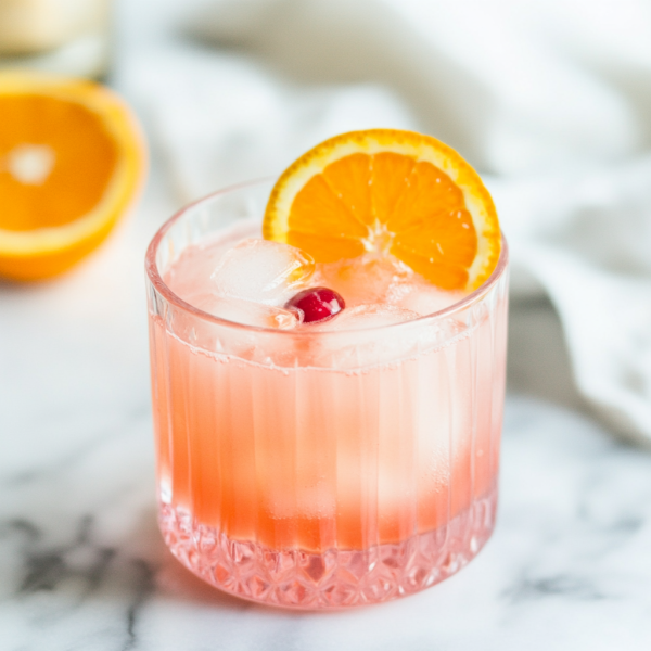 Ode to Cranberry cocktail, a pink drink in a rocks glass with ice, garnished with orange wheel and 1 cranberry