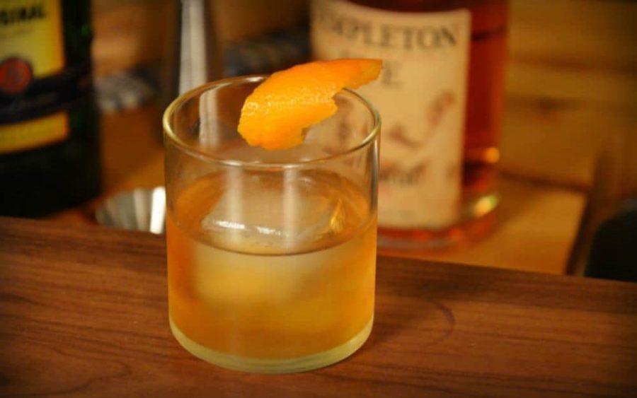 Becherovka Old Fashioned in a rocks glass with orange peel garnish