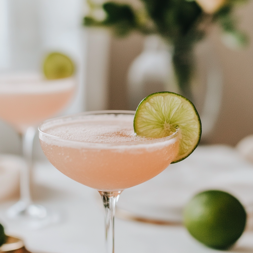 Cosmopolitan in a chilled coupe glass with lime slice