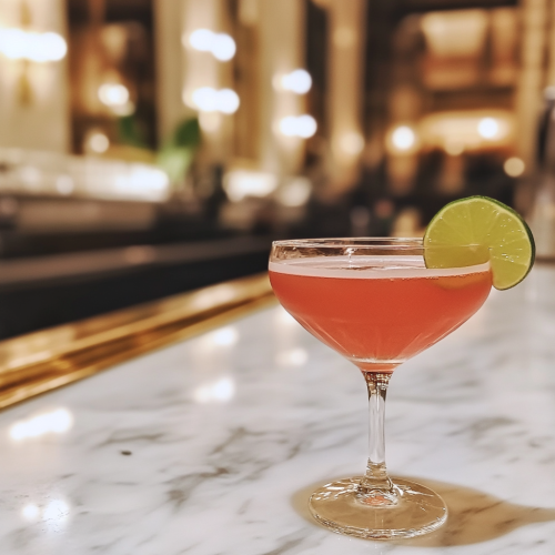 Cosmo cocktail in a chilled coupe glass with a lime wheel