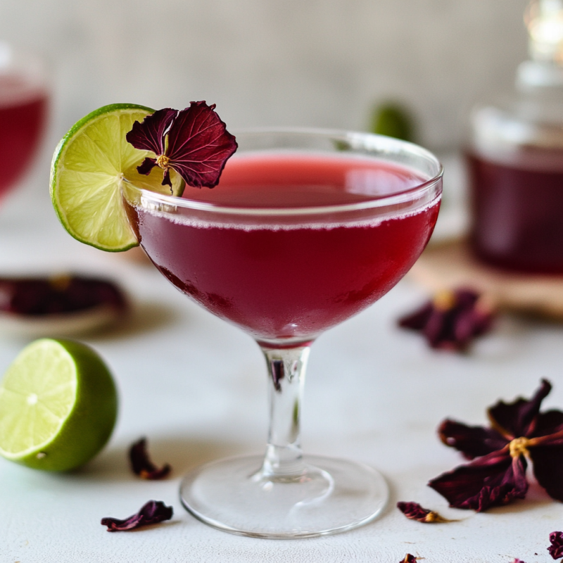 Hibiscus cocktail with lime wheels and flower petals in a chilled coupe glass