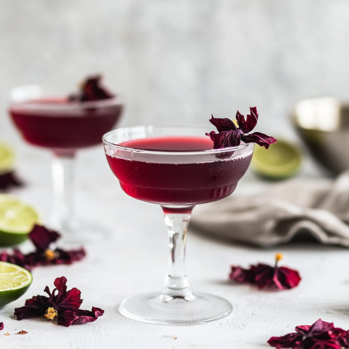 deep red cocktail in a coupe glass with flower garnish