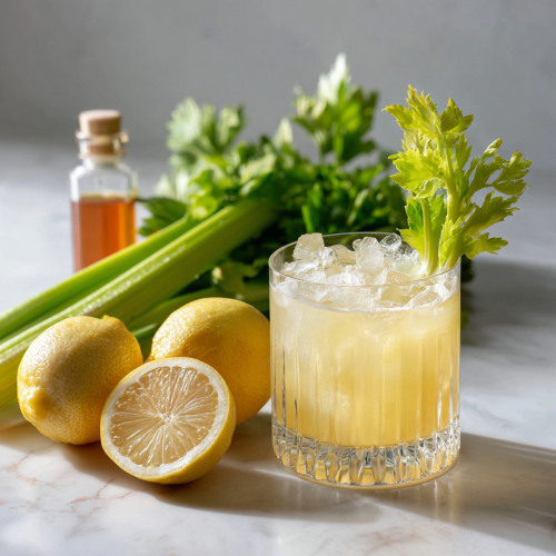 Sonoma Rush cocktail in a rocks lass, next to lemon slices, celery, honey simple syrup.
