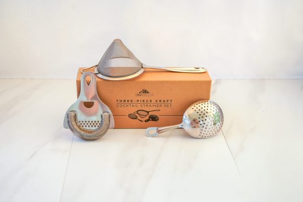 3 piece set of cocktail strainers: hawthorne, julep, fine mesh-- on a gift box