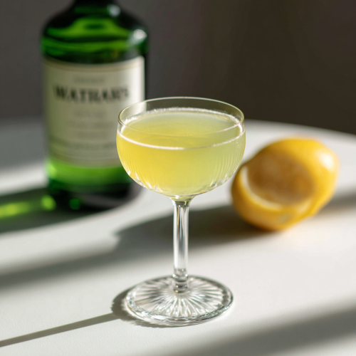 Final Ward-- a vodka and green chartreuse cocktail in a coupe glass with lemon slices