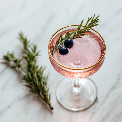 pale pink gin cocktail in a coupe glass with rosemary