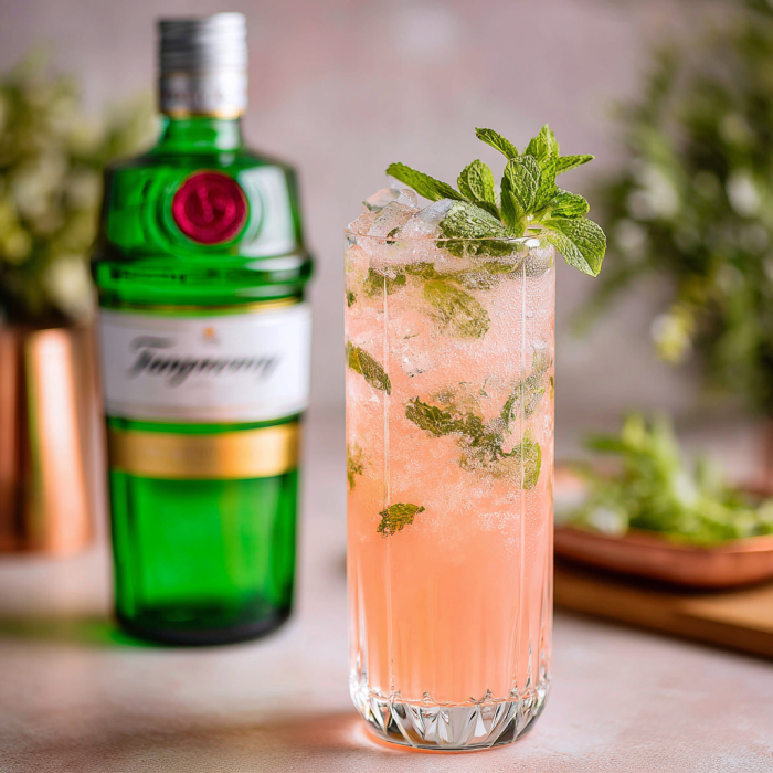 gin cocktail in a tall glass with fresh mint leaves