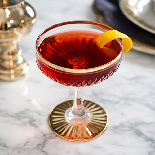 Boulevardier in a chilled coupe with a piece of peel garnish for a nice touch