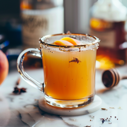 hot whiskey cocktail with peach slices for garnish, in a clear mug