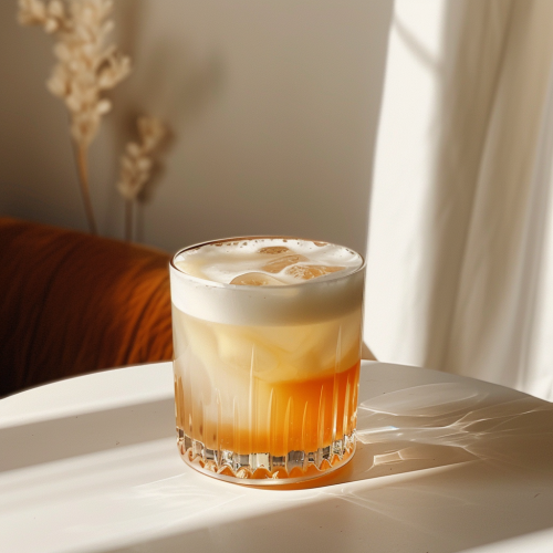 Summer storm egg white sour cocktail with apricot, in a rocks glass