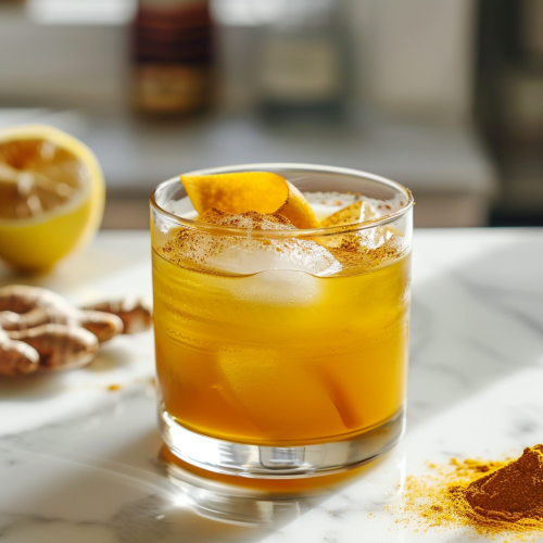 yellow turmeric cocktail in a rocks glass with ginger and lemon on the counter next to it