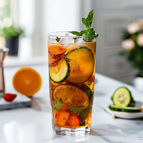 tennis partner cocktail, a pimm's cup with gin and amaro