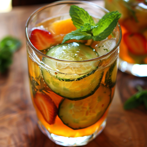 tennis partner, pimm's cup 1, with strawberry slices, cucumber, mint, gin & amaro