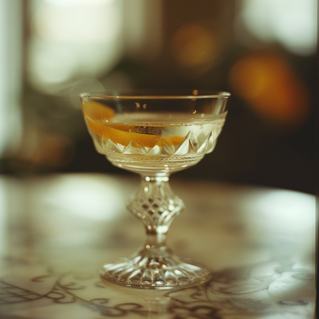 vintage cocktail glass with a clear drink and lemon zest