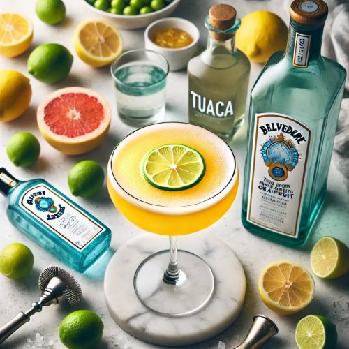 Sunny Bunch cocktail surrounded by slices of citrus and liquor bottles