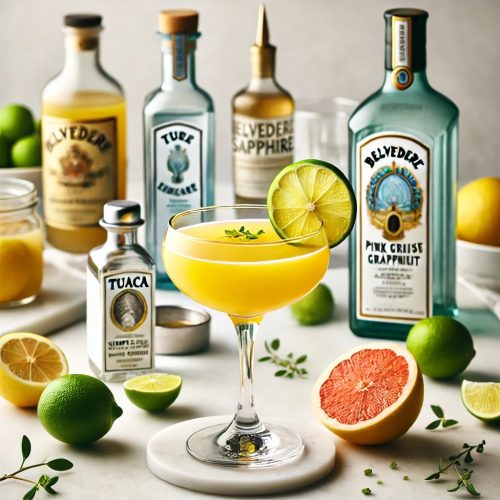Yellow drink in a cocktail glass with limes, lemons, and grapefruits and bottles of alcohol