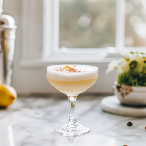white foam cocktail in a chilled glass on a marble kitchen counter