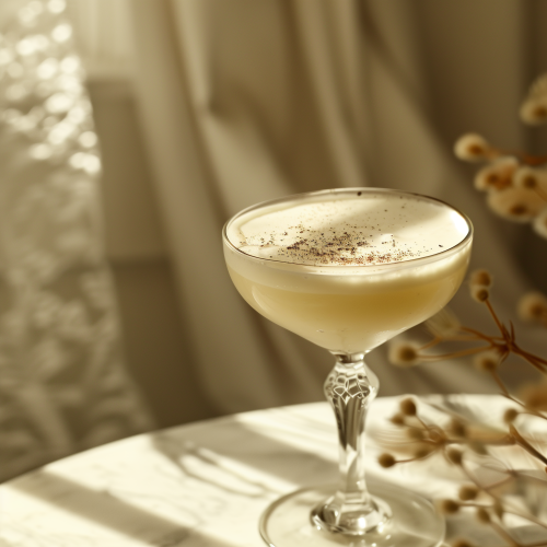 white cocktail with yogurt foam, sprinkled with nutmeg