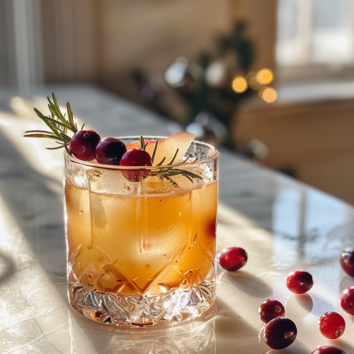 Gorgeous cocktail in a rocks glass, garnished with cranberries, rosemary, and apple slices