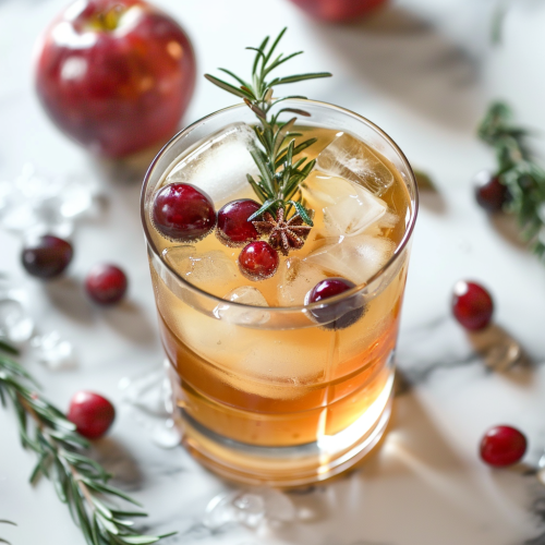 brown cocktail in a rocks glass with ice cubes, rosemary sprigs, and cranberries