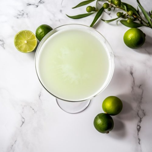 Green-yellow cocktail in a coupe glass surrounded by limes on a marble counter, from the top-down view