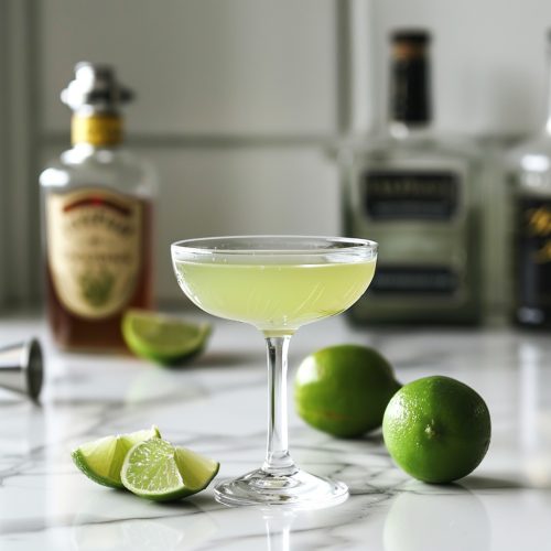 green drink with limes and liquor bottles around it on a kitchen counter