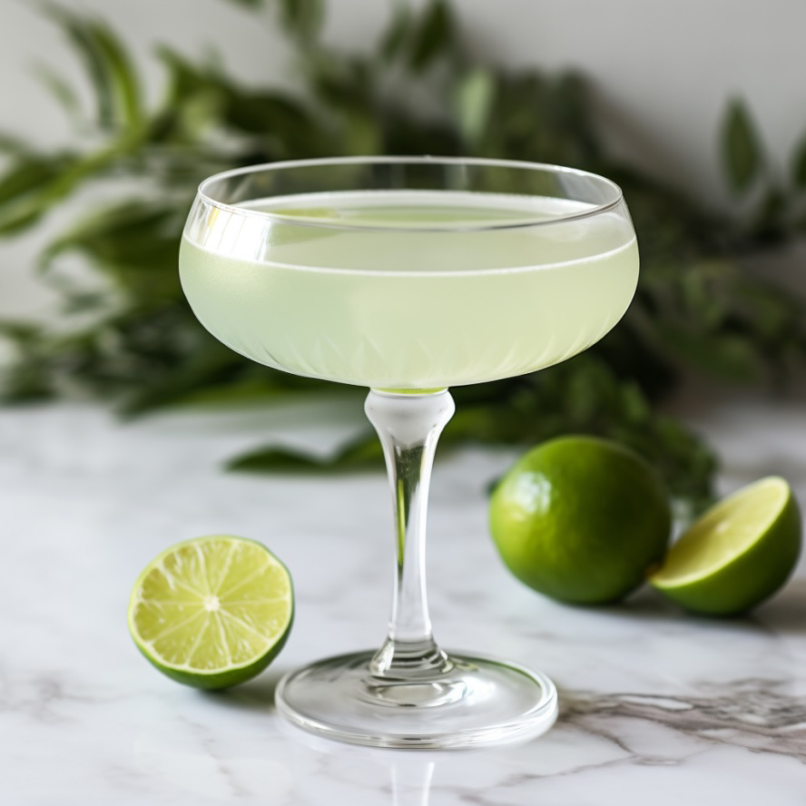 pale green cocktail in chilled cocktail glass with lime slices