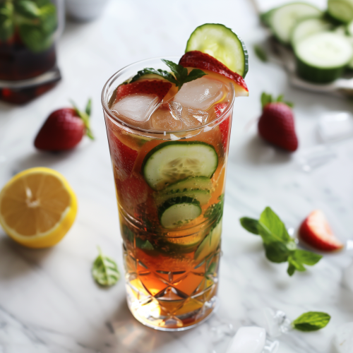 Pimm's Cup in a Collins glass with cucumbers and fresh fruit