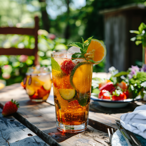 Pimm's cocktail in a tall glass with lime wheels and fruit slices