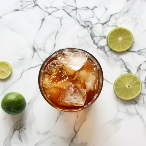 brown cocktail with ice from top-down, on a white marble counter with lime wheels all around it