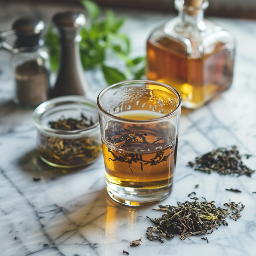 steeping tea in a rocks glass for a tea-infused simple syrup, surrounded by tea leaves and equipment