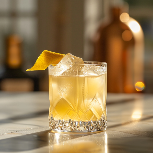 cocktail in an old fashioned glass with lemon peel garnish