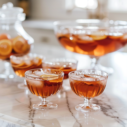 alcoholic punch in vintage glasses with a punch bowl in the background