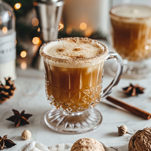 hot rum with cinnamon in a clear mug with holiday decorations and liquor bottles around it