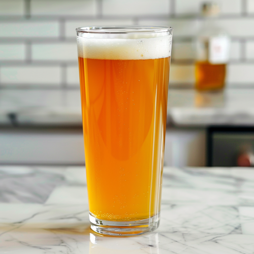 Beer mixed with Shasta soda, in a pint glass on a kitchen counter