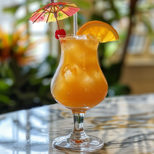 tropical cocktail in a hurricane glass with cocktail cherry, umbrella, and orange slice