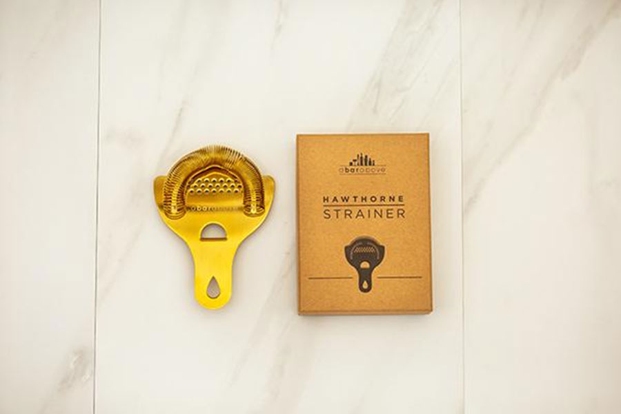 Gold Hawthorne strainer, copyright A Bar Above