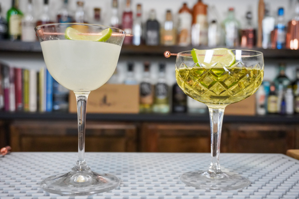 Two Gimlet versions in cocktail glasses, one with homemade lime juice with store bought lime juice and 2 ounces of gin-6