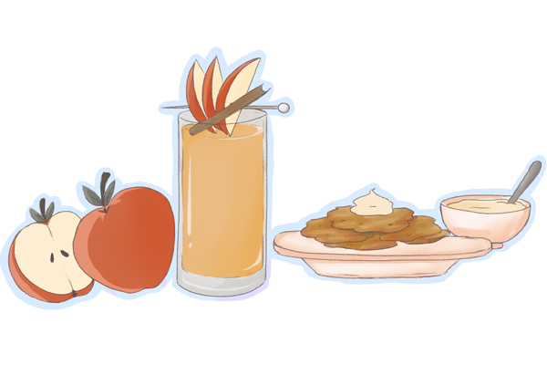 Pan-friend latkes with Latkes And Apples with spiced apple cider cocktail