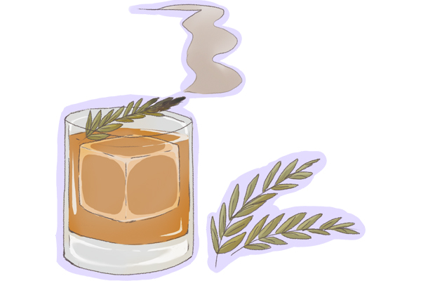Smoked Rosemary cocktail in rocks glass with large format ice