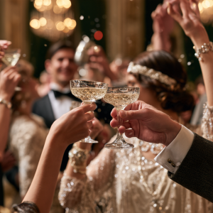 a photo of 2 hands clinking coupe glasses filled with champagne while people of the 1920s dance in the background, dressed in 1920s attire during Prohibition
