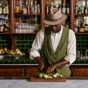 a bartender cutting limes behind an empty bar