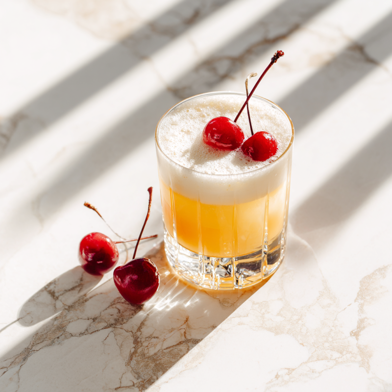 A rocks glass full of an Amaretto Sour drink with 2 cherries as garnish