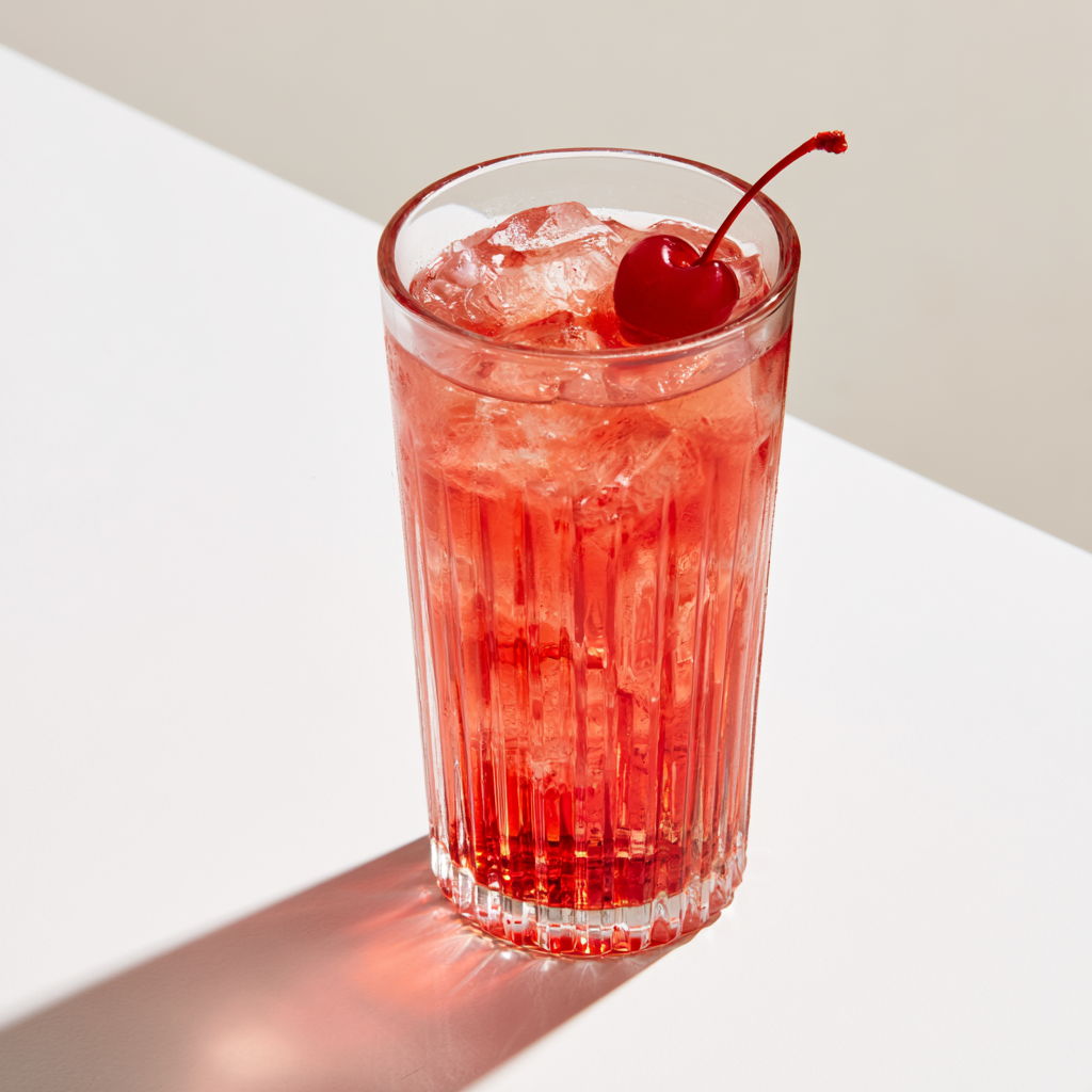 a classic Shirley Temple drink with Sprite and grenadine, with a maraschino cherry on top, in a tall glass filled with ice
