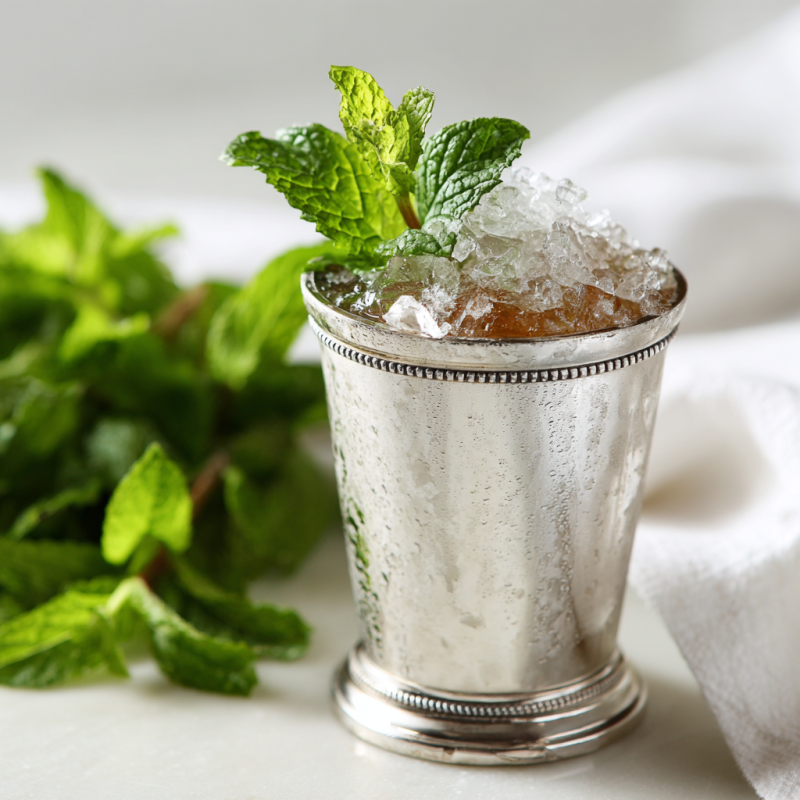 a mint julep with sprigs of mint garnish, in a tin cup